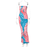 Thumbnail for Strapless Sleeveless Off Shoulder Tie Dye Print Dress - Pink