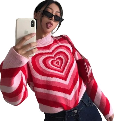 Striped Heart Pink Knitted Sweater - S