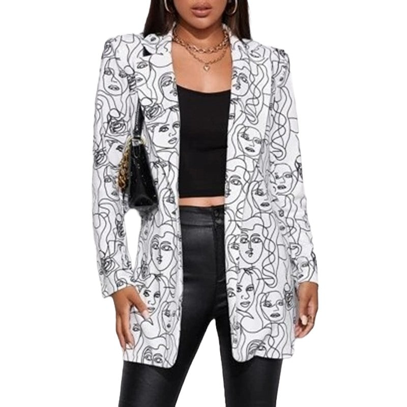 Women Abstract Faces Long Sleeves Lapel Suit Blazer
