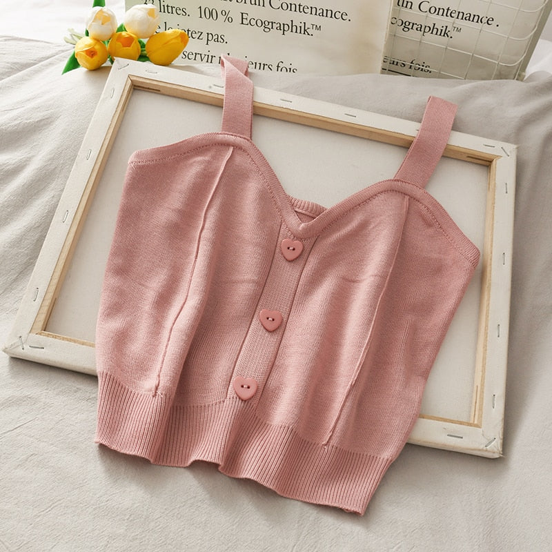 Heart Buttons Knitted Sleeveless Crop Top - Pink / S