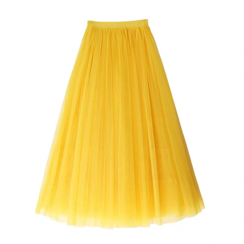 Solid Color Tulle Pleated Maxi Skirt