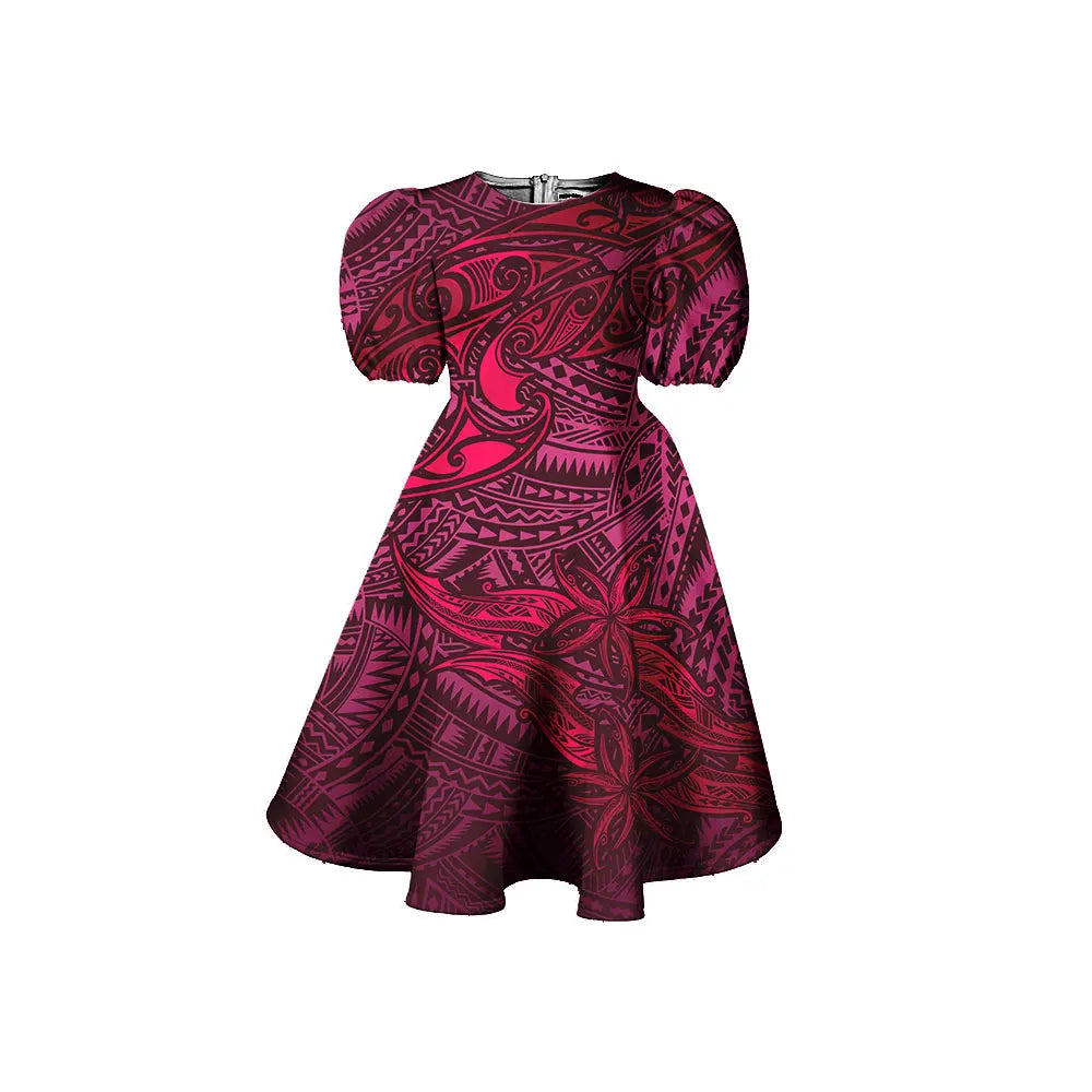 Tribal Print Puff Sleeve Midi Dress