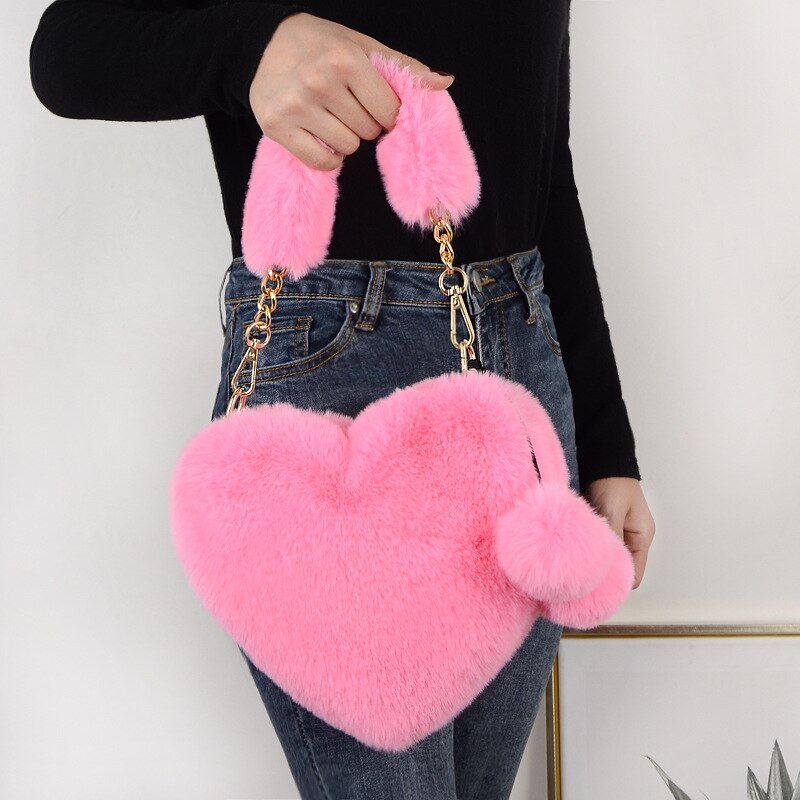 Faux Fur Heart Shaped Small Handbag - Bag