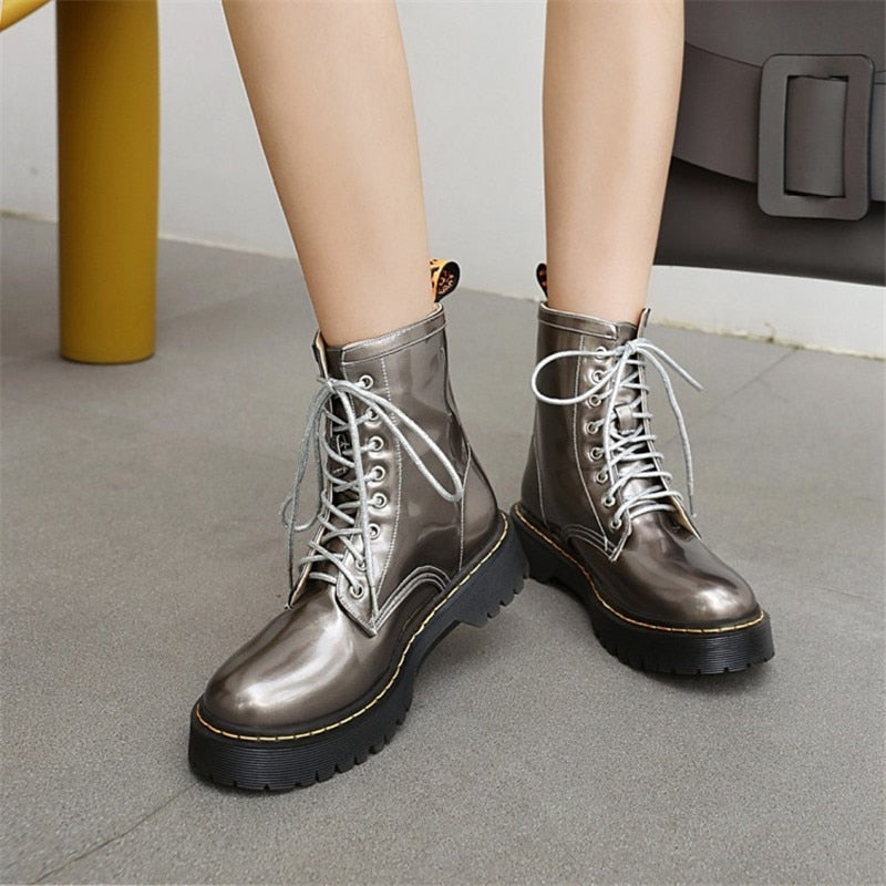 Lace Up Ankle Round Toe Low Chunky Boots