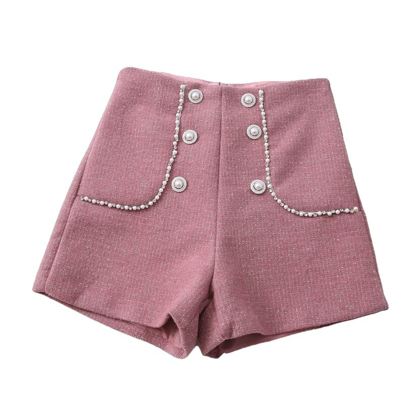 High Waist Tweed Shorts - Pink / XL