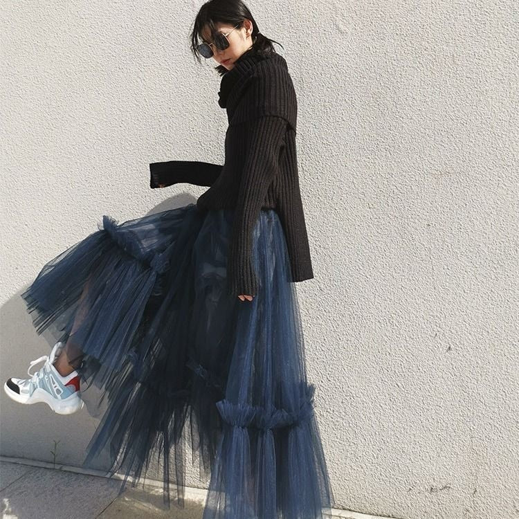Tulle Pleated Korean Fashion Mesh Skirts - Dark-Blue / One