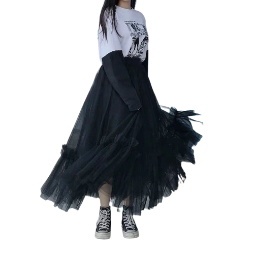 Tulle Pleated Korean Fashion Mesh Skirts - Black / One Size