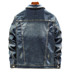 Men's blue stretch denim jacket with badge patches and ripped patchwork streetwear design detail