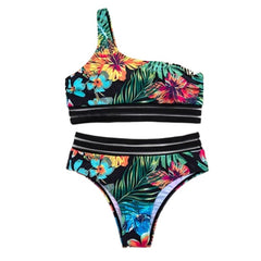 Floral Printed High Waist One Shoulder Two-Pieces Swimsuit -