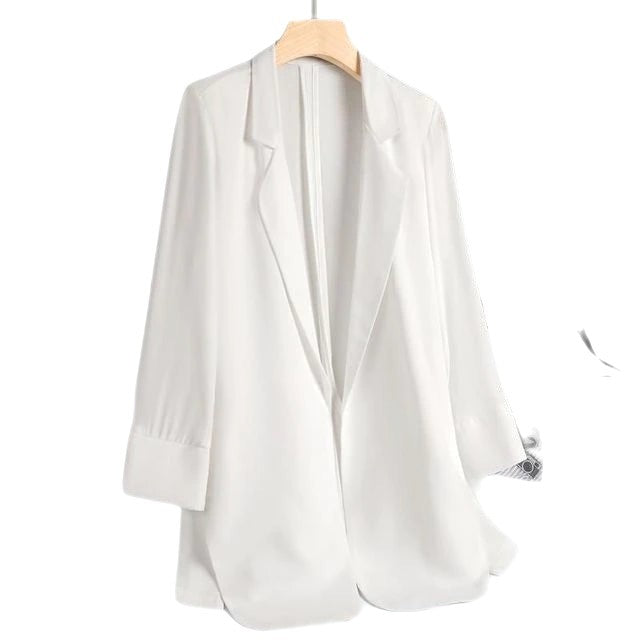 Solid Color Chain Embellished Loose Blazer - Long-White / S