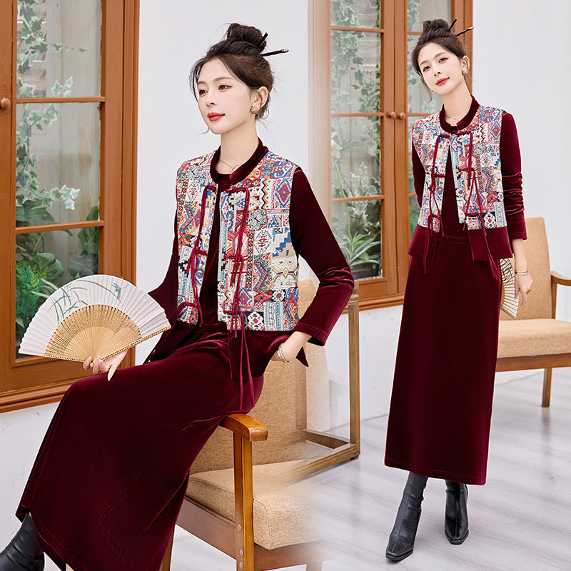 Chinese Style Dress Autumn Elegant Embroidered Three-piece Suit - view 3