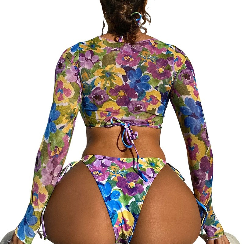 Floral Lace-Up Long Sleeve Swimsuit