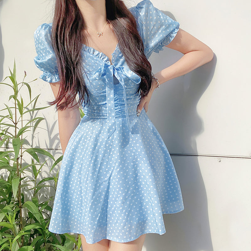 Square Collar with Cross Straps Dress - Blue / S