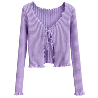 Thumbnail for Lace-Up V-Neck Cardigan - Purple / S