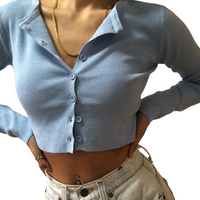 Thumbnail for Knitted Stretch Cardigan Crop Top - Light Blue / S - crop