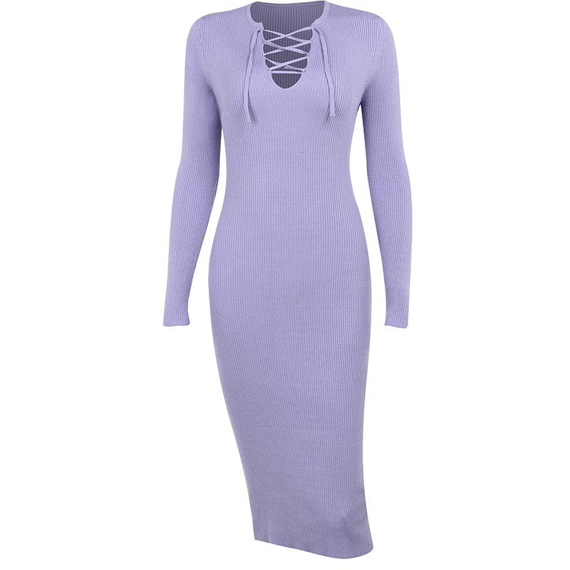 Lace-up Solid Color Knitted Dress - Purple / L - Long