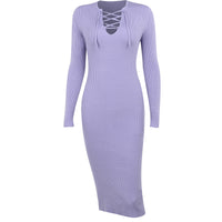 Thumbnail for Lace-up Solid Color Knitted Dress - Purple / L - Long