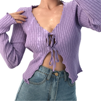 Thumbnail for Lace-Up V-Neck Cardigan