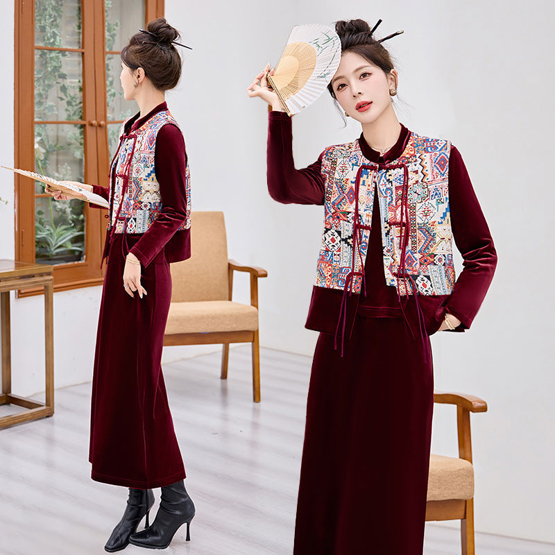 Chinese Style Dress Autumn Elegant Embroidered Three-piece Suit - view 11