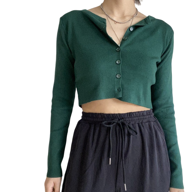 Knitted Stretch Cardigan Crop Top - Dark Green / S - crop