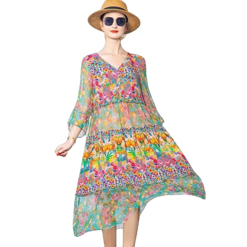 Loose Plus Size Elegant Party Dress - Multicolor / M - Long