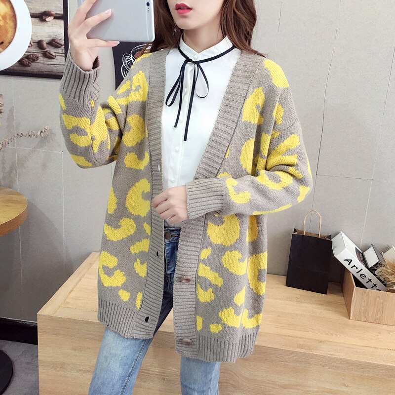 Knitted Leopard V Neck Loose Button Cardigan - Gray / One