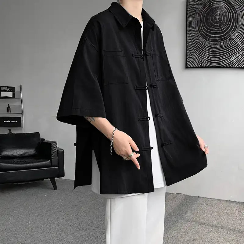 Summer Linen Shirt Oversized Short Sleeve Tang Suit Top With Frog - view 6