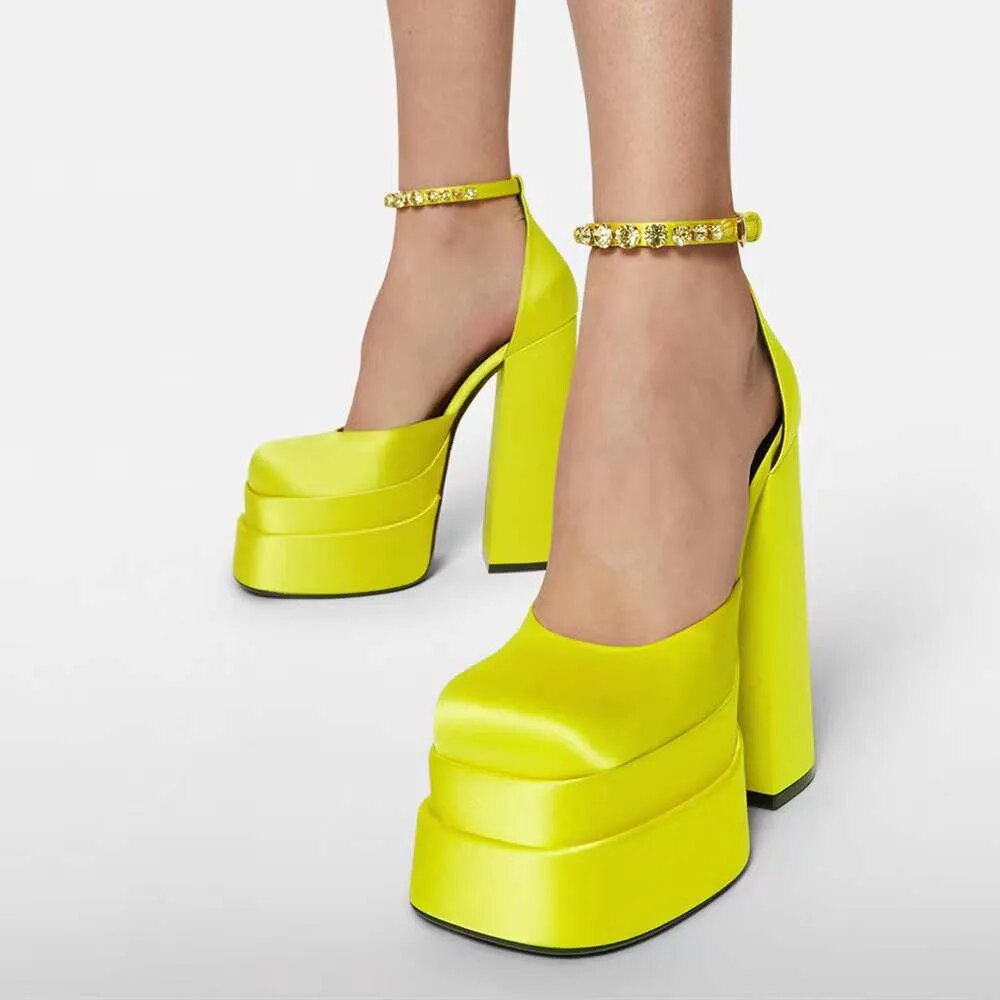Ankle Buckle High Heels Platform Square Toe Pumps - Yellow /