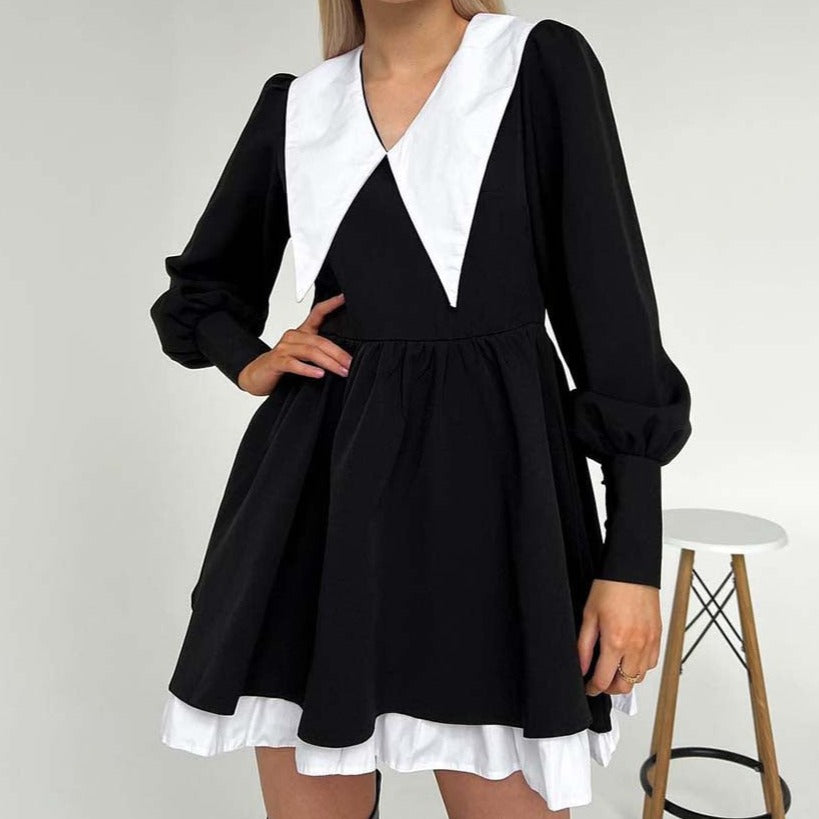 Elegant Black  Lantern Sleeve Mini Dress