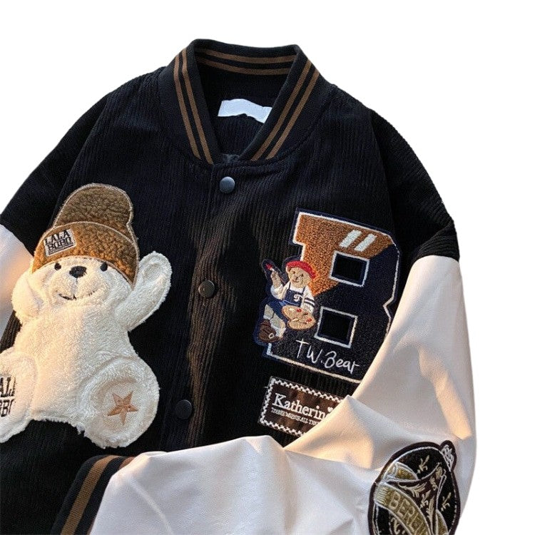 Bear Embroidered Baseball Jacket - Black / M