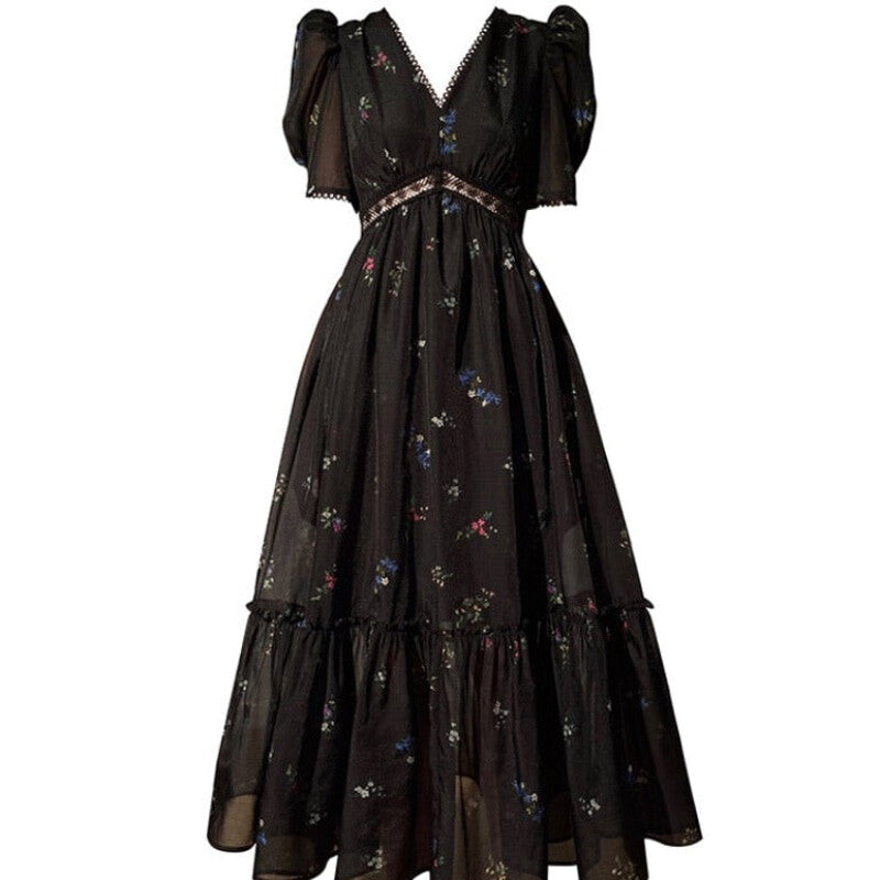 Vintage Black Floral Short Sleeve Elegant Dress - S - Long