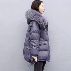 Mid Length Loose Puffy Woolen Collar Hooded Coat