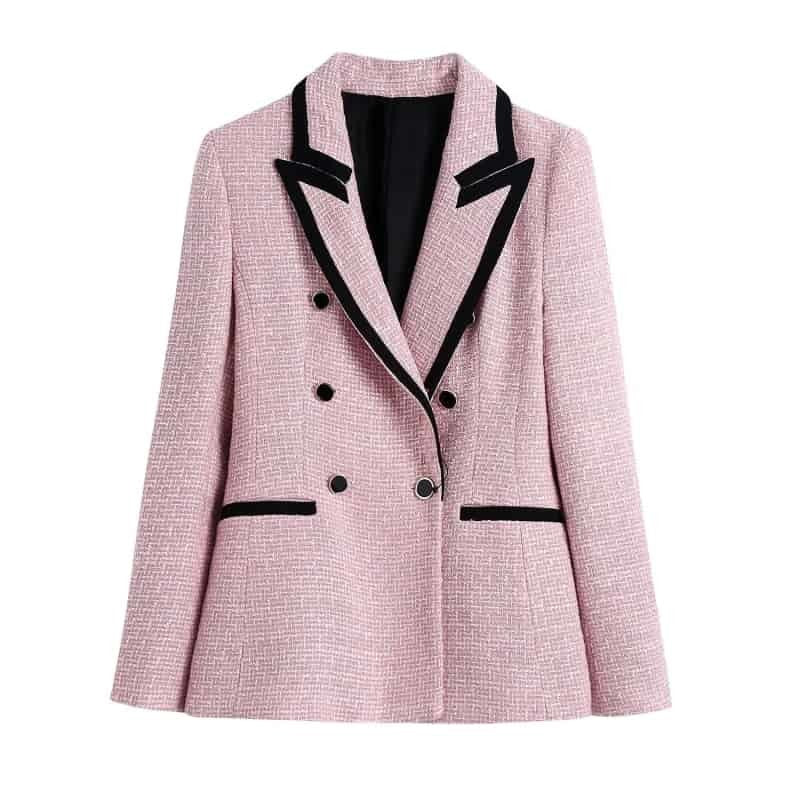 Double Breasted Houndstooth Long Sleeve Blazer - M / Pink