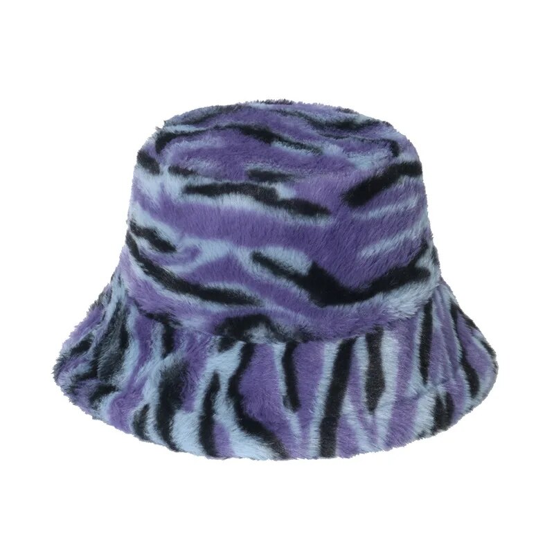Print Faux Fur Fluffy Bucket Hat - Purple Black White /