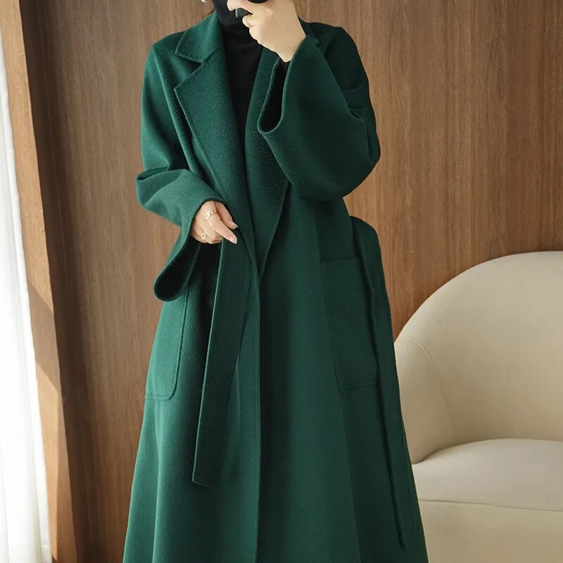 Turn Down Collar Trench Long Wool Coat - Emerald / S