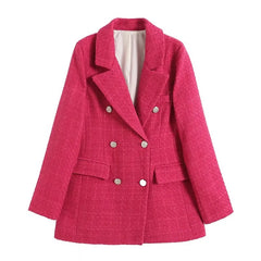 Double Breasted Houndstooth Long Sleeve Blazer - M / Fuchsia