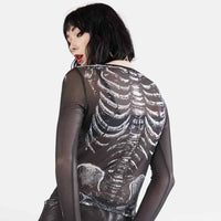 Thumbnail for Y2k Gothic Bone Print Black Mesh Sheer Long Sleeve Jersey -