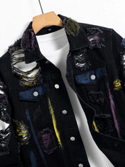 Distressed Denim Jacket Colorblock Black