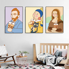 Van Gogh Mona Lisa Drinking Bubble Tea Cartoon Poster Canvas