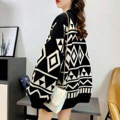 Retro Geometric Diamond Shaped Loose Button Up Cardigan