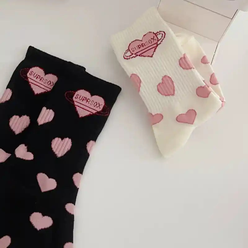 Long Cotton Lolita Socks with Red Hearts and Solid Color