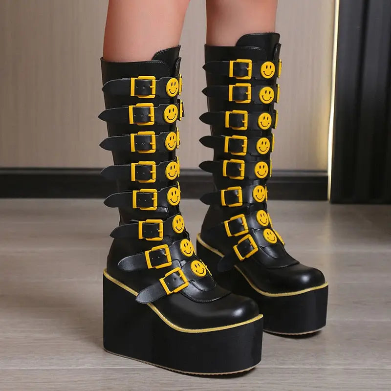 Happy Faces High Long Tube PU Leather Boots