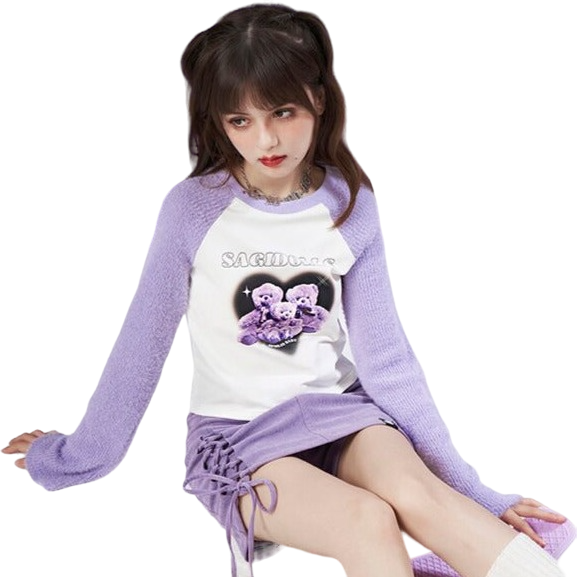 Harajuku Y2k Purple Knitted Splicing Printed T-shirt -