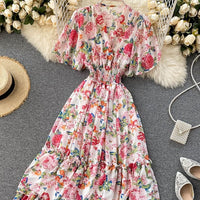 Thumbnail for Bohemian Floral Printed V-Neck High Waist Dress - White /