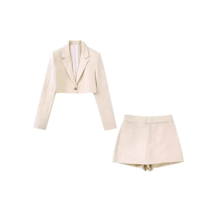 Set Button Long Sleeve Blazer High Waist Short - Beige / XS