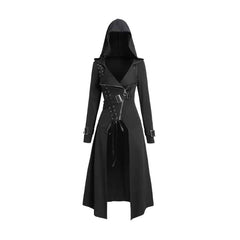 Gothic Hooded Lace Up Zipper Long Sleeve Trench Over Coat