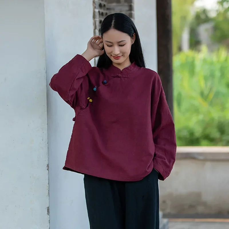 Chinese Style Tang Suit Traditional Clothes Ethnic Long Sleeve Hanfu Linen - view 6