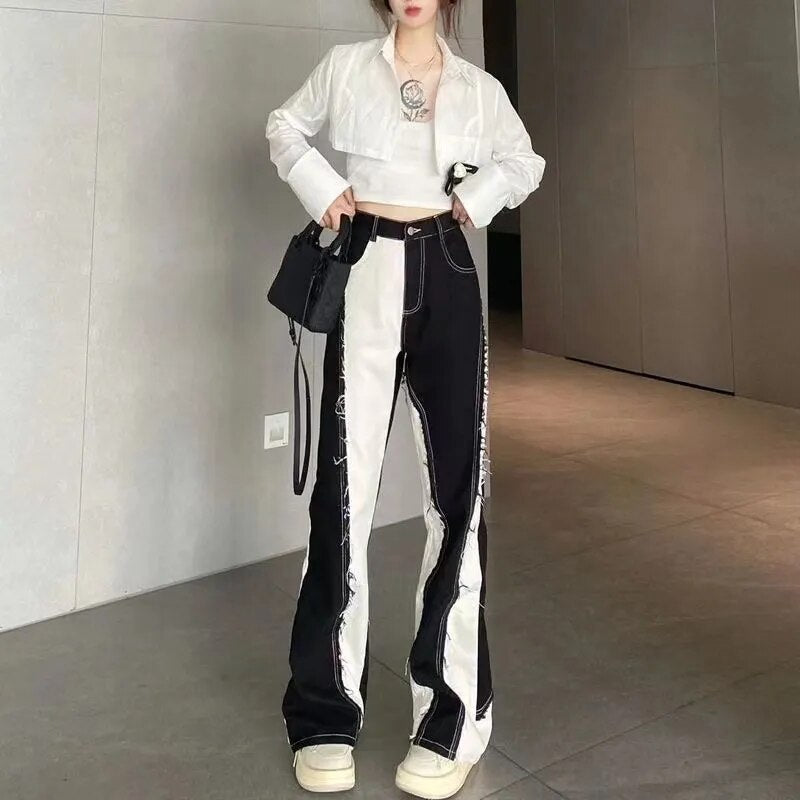 Y2K High Waist Baggy Straight Leg Jeans - Black and White /