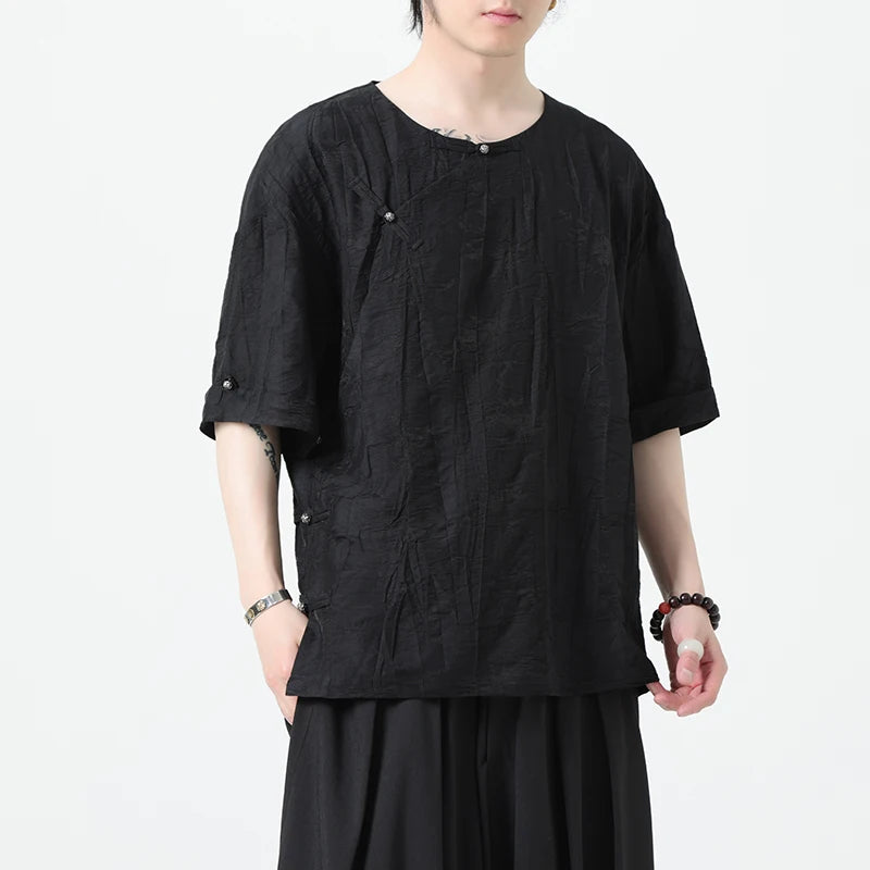 Chinese Style Tang Suit Shirt Linen Half Sleeve Traditional Kung Hanfu - view 2