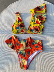 Yellow One Shoulder Ruffled Bikini